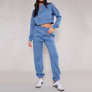 ชุดวอร์ม2ชิ้นสำหรับผู้หญิงชุดเล่นกีฬาสีล้วนชุดออกกำลังกายแบบไม่เป็นกรด - Product Image 1