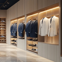 Exhibición de Lujo para Tienda de Ropa Masculina: Interior con Panel de Arte Floral Azul, Sistema de Exhibición Dorado, Juego Completo de Muebles para Boutique de Moda Masculina