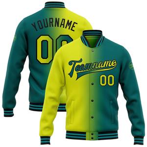 Chaqueta Bomber Deportiva de Invierno Informal, Personalizada, Color Verde Azulado Neón, Amarillo y Negro, con Botones a Presión, Estilo Universitario, Degradado, a la Moda, Venta Directa de Fábrica - Product Image 1
