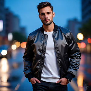 แจ็กเก็ตบอมเบอร์แขนยาวสำหรับผู้ชายเสื้อแจ็กเก็ตมีซิปด้านหน้าผ้าซาตินโลโก้ดีไซน์แบบลำลองสไตล์เบสบอลผ้าไหมซาติน - Product Image 3