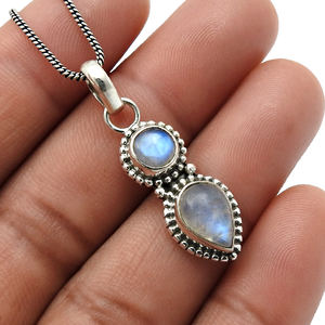 Bleu arc-en-ciel pierre de lune Double pierre précieuse lunette ensemble pendentif 925 en argent Sterling cadeau fabricant à la mode fait à la main en gros bijoux - Product Image 2