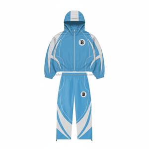 Más tamaño Premium 160GSM Poliéster Windbreaker Set Transpirable Resistente al agua Azul Blanco Panel Diseño Windbreaker Set - Product Image 1