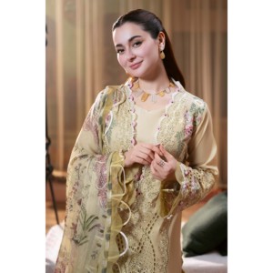 Jade 3-PC Women's Lawn <b>Chikankari</b> Embroidered Shirt with Chiffon Printed Dupatta and Trousers-BIC-4505 <b>Suit</b> Set - Product Image 2