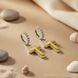 Boucles d'oreilles pendantes en pierre jaune pour femmes Silver Cross, bijoux fantaisie - Product Image 2