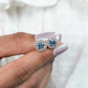 <b>Blue</b>-Colored 3.51Ct Moissanite Diamond Cluster Bezel Setting Halo <b>Stud</b> <b>Earrings</b> Silver Engagement Wedding Anniversary Party Gift - Product Image 1