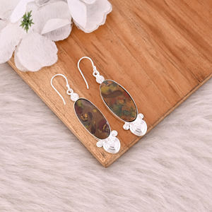 Pendientes Largos Ovalados de Latón Plateado Estilo Clásico Hechos a Mano con Piedra Preciosa de Jaspe Frutal, Fabricante Mayorista - Product Image 3