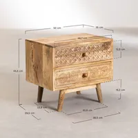 Chevet en bois de mangue sculpté à la main, vintage, avec 2 tiroirs, pour villa et chambre d'hôtel