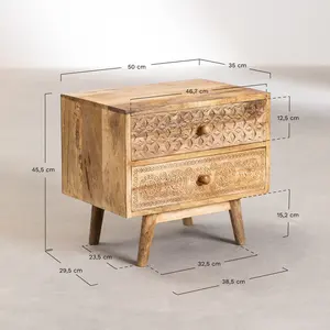 Chevet en bois de mangue sculpté à la main, vintage, avec 2 tiroirs, pour villa et chambre d'hôtel - Product Image 3