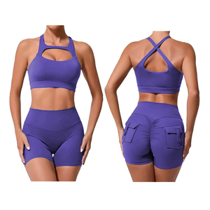 Ensemble de gymnastique dynamique 2 pièces pour femmes, soutien-gorge de sport respirant et solide, haut de fitness, short scrunch, dos nu, tenues de yoga pour l'entraînement - Product Image 5
