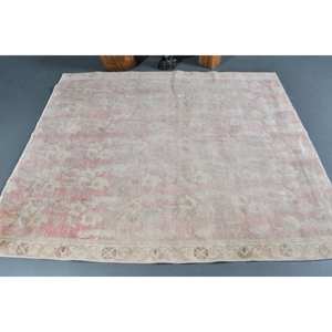 Vintage Pink and White Wool Rug 5.9 X 6.8 ft <b>Turkish</b> Flat Weave Patchwork Pattern Living Room <b>Carpet</b> with Latex Backing - Product Image 3