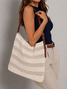 Women Knit Shoulder <b>Bag</b> with <b>Leather</b> Strap Casual Elegant Knitted Tote <b>Bag</b> Fashion Crochet Handbag - Product Image 1