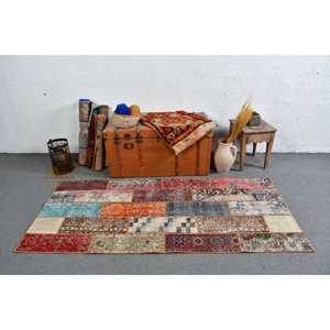 Tapis turc vintage, tapis de 3,1 x 6,8 pieds, tapis oriental en laine rouge et bleu - Product Image 2