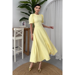 Vestido Midi de Tela Atlas Amarillo con Mangas Princesa, Casual, Elegante, Manga Corta, Cintura Natural, Tejido No Tejido, 100% Poliéster - Product Image 5