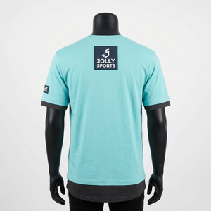 เสื้อยืดคอตตอนพรีเมียม 220 GSM สีฟ้าสำหรับผู้ชาย แต่งชายเสื้อแบบคอนทราสต์  พร้อมโลโก้ปะยาง  แขนเสื้อสองชั้น - Product Image 5