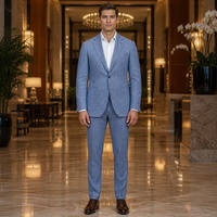 Costume homme bleu chambray, simple boutonnage, un bouton, revers cranté, poches plaquées, épaules souples, été, costumes d'affaires pour homme, sur mesure MTM