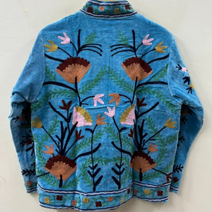 Blue Suzani Velvet <b>Jacket</b> Ethnic Boho Embroidered Outwear Bohemian Festival Coat Boho Style Embroidered <b>Short</b> <b>Jacket</b> From India - Product Image 2