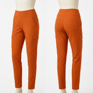 Pantalon de travail pour femme en polyester et élasthanne de haute qualité, 245 GSM, orange, extensible, avec poches utilitaires, broderie de logo personnalisée - Product Image 1