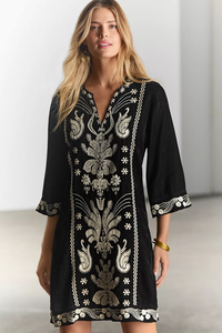 Vestido Túnica Mini Bordado Negro Estilo Boho, Cuello en V, Manga 3/4, Viscosa Ecológica, Vintage, Casual, Regular, Dulce, Natural, ODM - Product Image 3