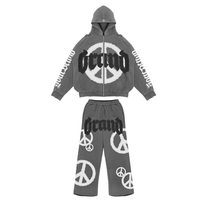 Clothes Man Sets 100% Cotton Printed <b>Glitter</b> Rhinestone Zip up <b>Flared</b> Pants Tracksuit Men Sweat Suit Wholesale Sun fade Washed - Product Image 1