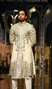 LATEST--BEAUTIFUL GOLD ZARDOZI EMBROIDERY on WHITE SILK SHERWANI ,KURTA WITH <b>PANT</b> DRESS for PARTY-WEAR/WEDDING @ 2023 - Product Image 2