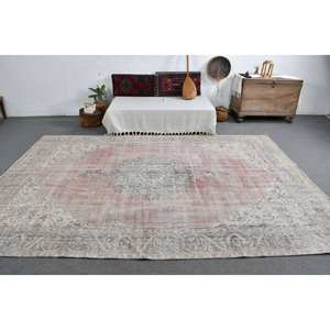 พรมขนสัตว์ตุรกีแบบวินเทจขนาดใหญ่7.5x10.8ฟุตสีชมพูงานปะต่อสีเบจสำหรับห้องนั่งเล่นห้องโถงยางที่ชอบ - Product Image 3