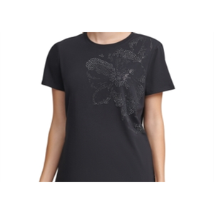 T-Shirt da Donna Calvin Klein con Decorazioni Floreali e Paillettes, 100% Cotone Jersey, Taglie XS e XXS, Versione Corta e Aderente, Nera - Product Image 2