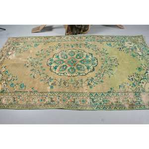 Vintage 4ft 8in Vert Beige Tapis Turc Classique Grande Surface Rectangle Patchwork Conception Seagrass Laine Latex pour Couloir Chambre Décor - Product Image 3