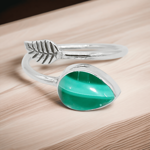 925 Sterling Silver Réglable Dainty Poire Cabochon Anneau Original Malachite Gemstone Feuille Style Moissanite pour La Fête De Mariage - Product Image 2