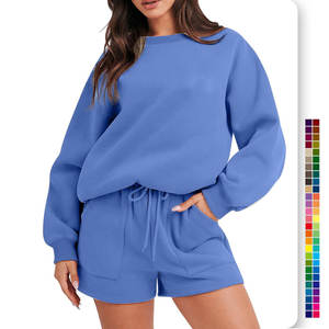 Conjuntos de sudadera de talla grande cuello redondo 100% algodón sudadera pantalones cortos conjunto en blanco personalizado mujeres chándal conjunto con logotipo - Product Image 1