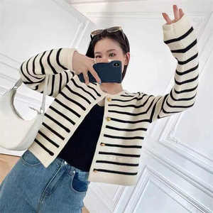 Women's Color Block Striped Knitted <b>Cardigan</b> Round Neck Loose Short cotton Sweater for <b>Spring</b> Autumn Are Available From USA - Product Image 2