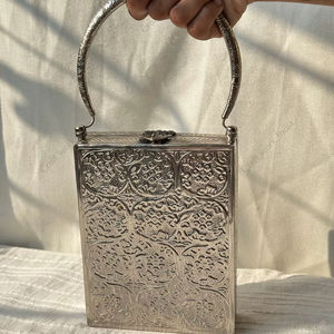 Vertical Silver Metal Box <b>Handbag</b> with Arched Handle Engraved Surface Luxury Womens Evening <b>Wedding</b> Carry Purse Export gift her - Product Image 1