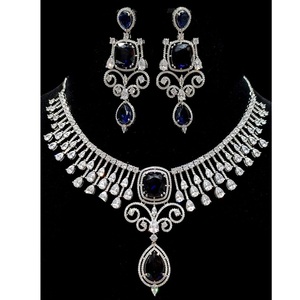 Designer High Quality <b>Silver</b> Finish CZ Stones Look <b>Necklace</b> <b>Set</b> With Earrings For Wedding Party Wear Collection For Women - Product Image 5
