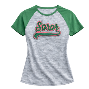 T-shirt à manches raglan Heather Grey Soror, sororité grecque, femmes, rose, vert, été, décontracté, diamants, 100% coton biologique - Product Image 3