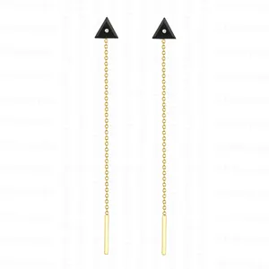 Brincos de ouro 14K com rosca de diamante e cordão de ouro preto triangular com barra longa e fios flutuantes SP Fashion personalizados