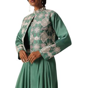 Conjunto Palazzo de seda de arte verde con trabajo de espejo, venta al por mayor, Ropa Étnica OEM para mujer, proveedor de fábrica, traje de fiesta de boda personalizado - Product Image 4