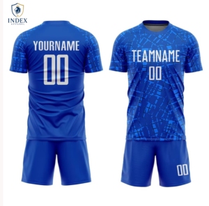 Ensemble de maillot de football pour homme INDEX APPAREL, bleu, géométrique, sublimé, respirant, manches courtes, col rond, coupe athlétique, adulte - Product Image 1