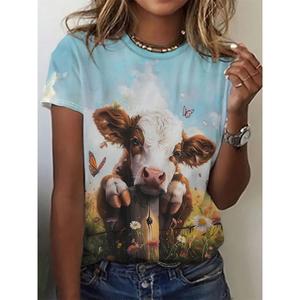 2025 moda mujer patrón sólido 3D dibujos animados Animal camiseta Casual manga corta cuello redondo Top de gran tamaño hecho 220 gramos de punto - Product Image 5
