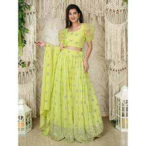 Magnifique Lehenga Choli en Georgette vert lime à paillettes pour les robes de cocktail - Product Image 4