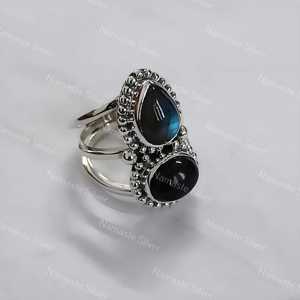 Bague en labradorite en argent sterling avec onyx noir : Bague artisanale à double pierre précieuse - Product Image 3