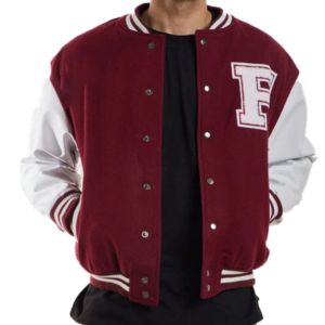 Chaquetas Universitarias de Lana y Cuero en Color Granate y Blanco con Parche de Letras y Ribete a Rayas para un Estilo Universitario - Product Image 4