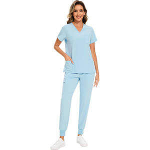 Conjuntos de uniformes de enfermera de Venta caliente de alta calidad, cuello alto, manga corta con colores personalizados y logotipos 2 piezas Unisex - Product Image 1