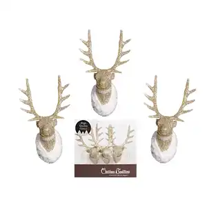 OEM ODM 6" X 3.5" Inch Glittered Champagne Gold Reindeer Ornaments Head W/Diamond-Look Neckless And Soft White Fur Set Of 3