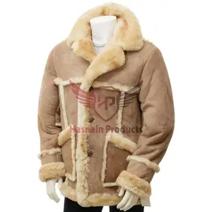 Men's Sand Sheepskin Coat: Luxury Single Breasted Three Button Design with Generous Notched Lapels, Matte Sueded Finish