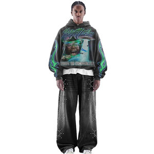 Conjunto Deportivo Personalizado de Estilo Urbano Y2K con Pedrería, Sudadera con Estampado Digital y Pantalones Jogger Acampanados, Precio Económico al por Mayor, Chándal Hip Hop con Lavado Ácido - Product Image 1