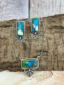 Handmade Sterling Silver <b>Peacock</b> Dahlia Necklace Earrings Set Unique Floral Artisan Style <b>Jewelry</b> with Gold Plating Gift for Her - Product Image 5