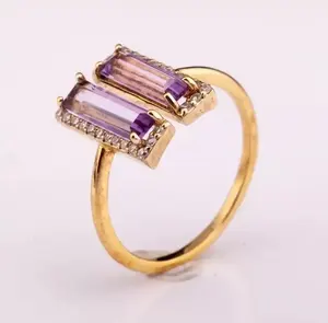 最佳价格报价14k镀金银925可调精品珠宝戒指天然紫水晶出厂价格精品珠宝戒指