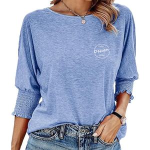 OEM เสื้อยืดคอกลมทรงหลวมสำหรับผู้หญิงเสื้อยืดแขนสามส่วนลำลองสีพื้น - Product Image 6