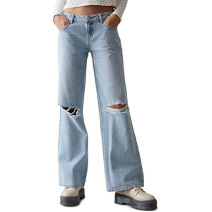 Pantalones vaqueros desgastados cortados con cintura de pierna recta ancha personalizados para mujer más vendidos, pantalones vaqueros ahuecados de corte antiguo Vintage - Product Image 3