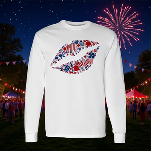 T-shirt promozionale a maniche lunghe con silhouette di labbra sexy e simboli americani per il 4 luglio - Product Image 3