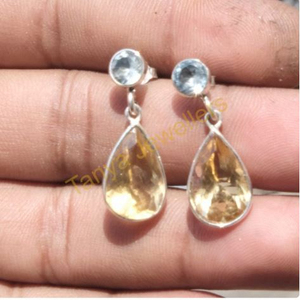 Pendientes de Plata de Ley 925 con Citrino Amarillo y Topacio Azul Tallados a Mano, Pendientes Colgantes de Citrino - Product Image 6